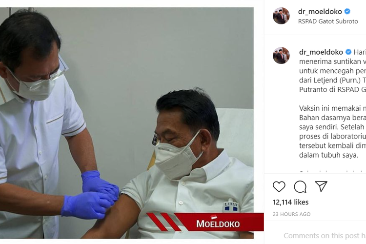 Kepala Staf Presiden Moeldoko memamerkan dirinya di IG saat mendapat suntikan vaksin Covid-19 Nusantara oleh dr Terawan di RSPAD beberapa waktu lalu(hms)