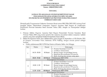 Jadwal Pelaksanaan Seleksi Kompetensi Dasar Pengadaan Pegawai Aparatur Sipil Negara Di Lingkungan Pemerintah Provinsi Sumatera Barat Formasi Tahun 2021