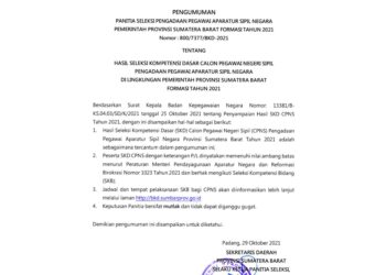 BKD Provinsi Sumatera Barat Rilis Pengumuman Hasil Ujian SKD CPNS Provinsi Sumatera Barat Formasi Tahun 2021