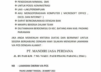 PT Mandiri Jasa Perdana Padang Pariaman Butuhkan Karyawan Baru Tamatan SMK, Cek Syaratnya