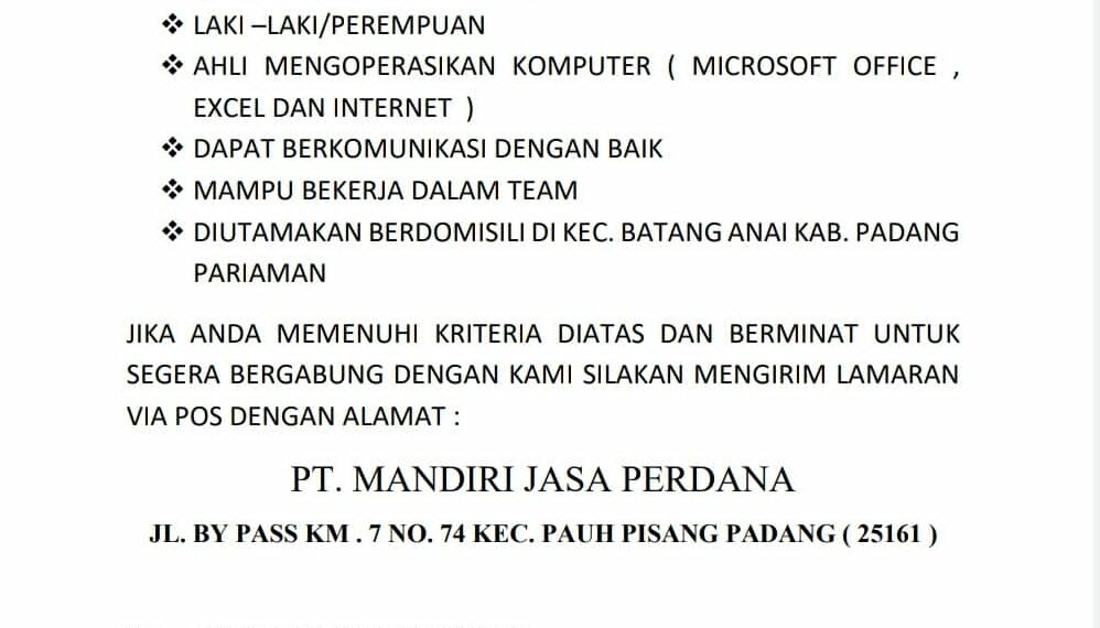 PT Mandiri Jasa Perdana Padang Pariaman Butuhkan Karyawan Baru Tamatan SMK, Cek Syaratnya