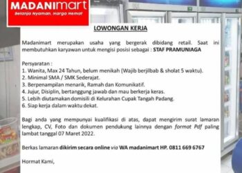 Ada Loker Bagian Staff Pramuniaga di Madanimart Padang, Berminat?