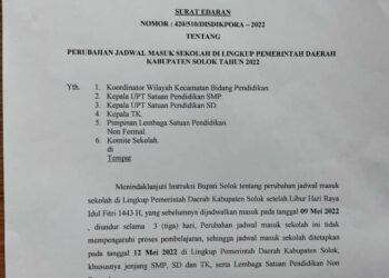 Jadwal Masuk Sekolah TK, SD dan SMP di Kabupaten Solok Diundur Selama Tiga Hari, Mulai Masuk 12 Mei