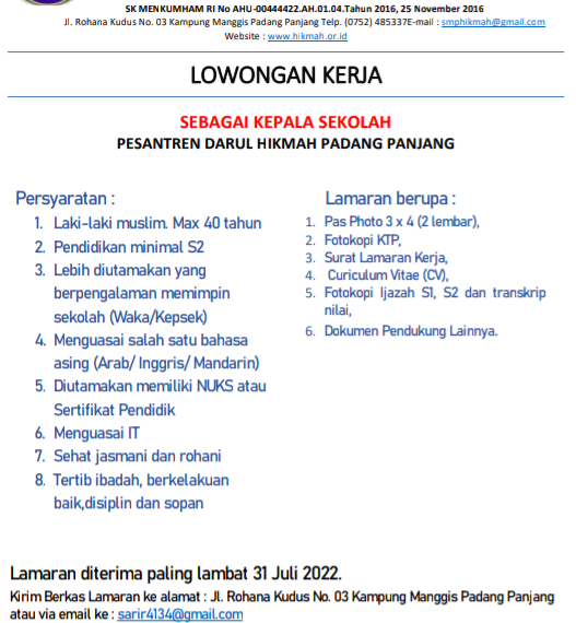 Yayasan Darul Hikmah Padang Panjang Membuka Lowongan Kerja Untuk Posisi Kepala Sekolah
