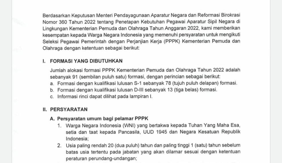 Seleksi PPPK Kemenpora RI, Usia Minimal Pelamar 20 Tahun, Daftar Sekarang