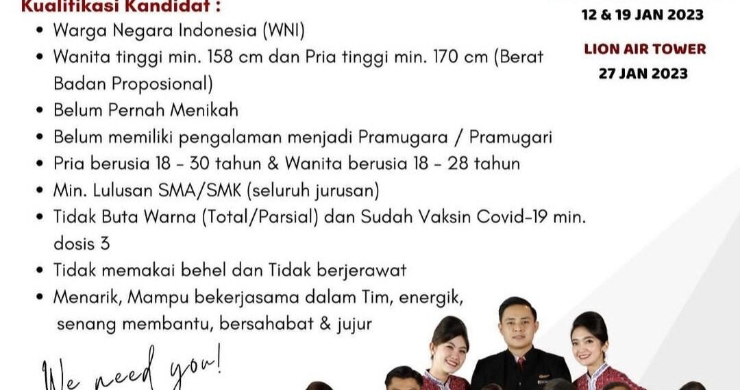 Lowongan Kerja Pramugara dan Pramugari Lion Air, Minimal Tamatan SMA Sederajat