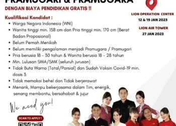 Lowongan Kerja Pramugara dan Pramugari Lion Air, Minimal Tamatan SMA Sederajat