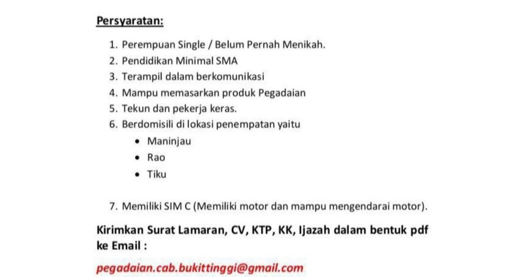 Lowongan Kerja Pegadaian Bukittinggi, Pendidikan Minimal SMA