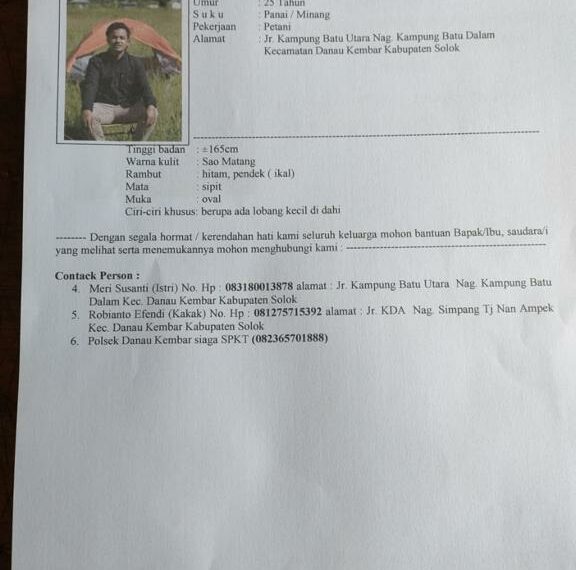 Pria Asal Solok Hilang Tanpa Kabar Semenjak Laksanakan Shalat Idul Fitri 1444 H