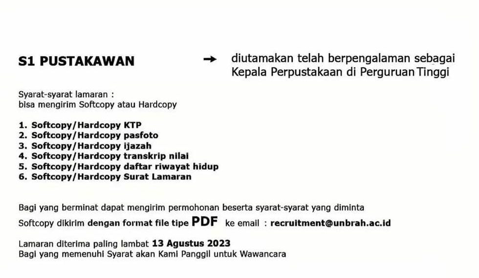 Lowongan Kerja Univeristas Baiturrahmah Bagi Lulusan S1 Pustakawan