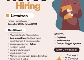 Lowongan Kerja Rumah Qur’an Shafa Marwa untuk Posisi Ustadzah, Usia Maksimal 35 Tahun