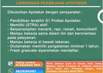 Ada Lowongan Kerja Posisi Apoteker di Kota Pariaman