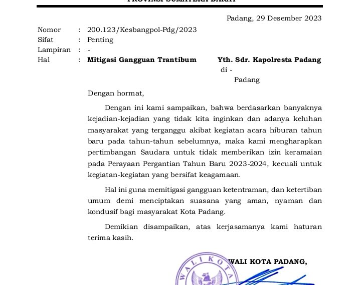 Surat edaran Wali Kota Padang soal larangan keramaian perayaan pergantian tahun baru 2023-2024.