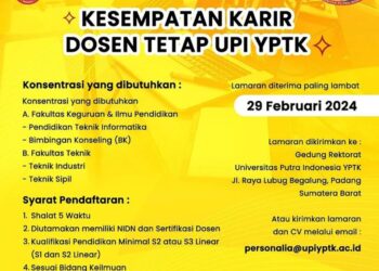 Lowongan Kerja UPI YPTK Padang Posisi Dosen, Daftar Sekarang!