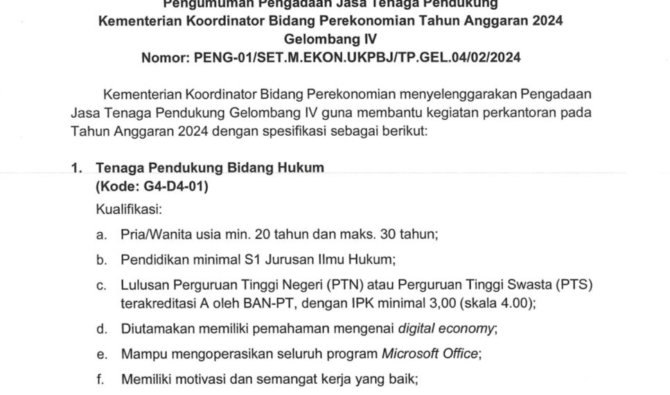 Lowongan Kerja Kementerian Koordinator Bidang Perekonomian RI, Gaji hingga Rp 5,5 Juta
